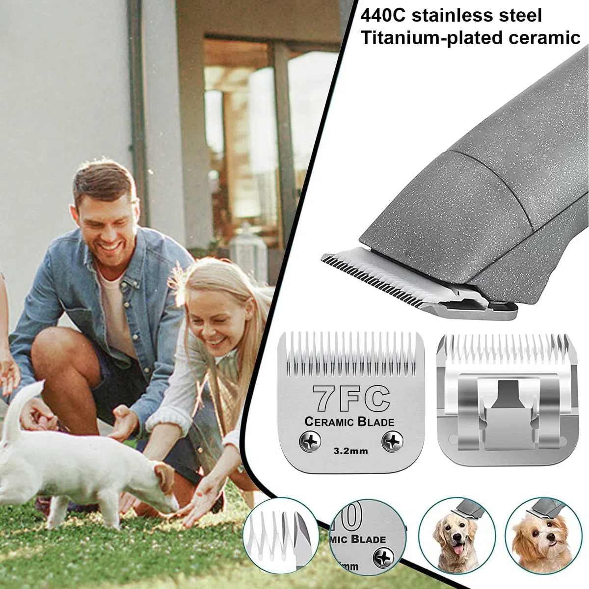 Paquete de 4 cuchillas de aseo para perros compatibles con Andis Dog Clipper/la mayoría de las máquinas cortadoras de mascotas Oster A11/Wahl KM Series (3FC+4FC+5FC+7FC)