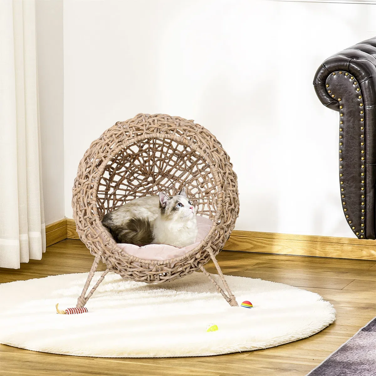 PawHut Cama Cueva de Ratán para Gatos Base Trípode Φ52x58 cm Madera Natural | Mascotas Pequeñas, Cojín de Felpa y Algodón Suave, Diseño Elevado, Estable