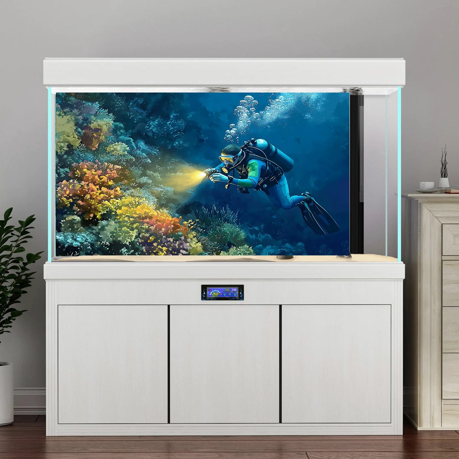 Fondo de acuario submarino para pecera (60 x 150 cm, buceador)