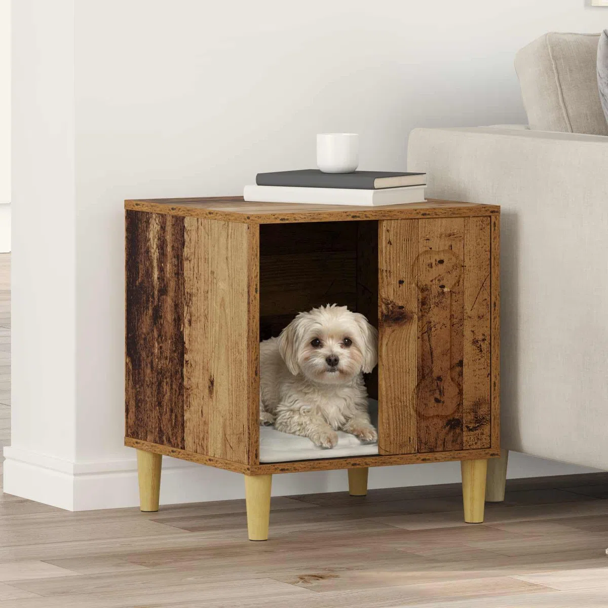 Caseta para perros de madera, 44 x 42 x 49 cm, moderna cueva para perros, para interiores, refugio estable para mascotas, compacta y fácil de limpiar