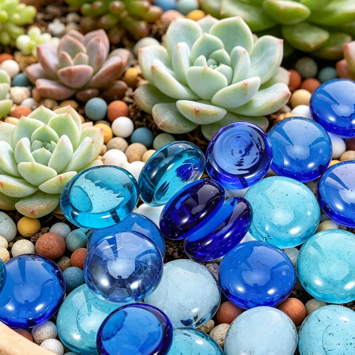 jojofuny Piedras de Vidrio Azul Decorativas para Macetas y Acuarios, Cuentas Planas Redondas de 17-19mm, Paquete de 1.5kg Base Estable y Antideslizante para Decoración
