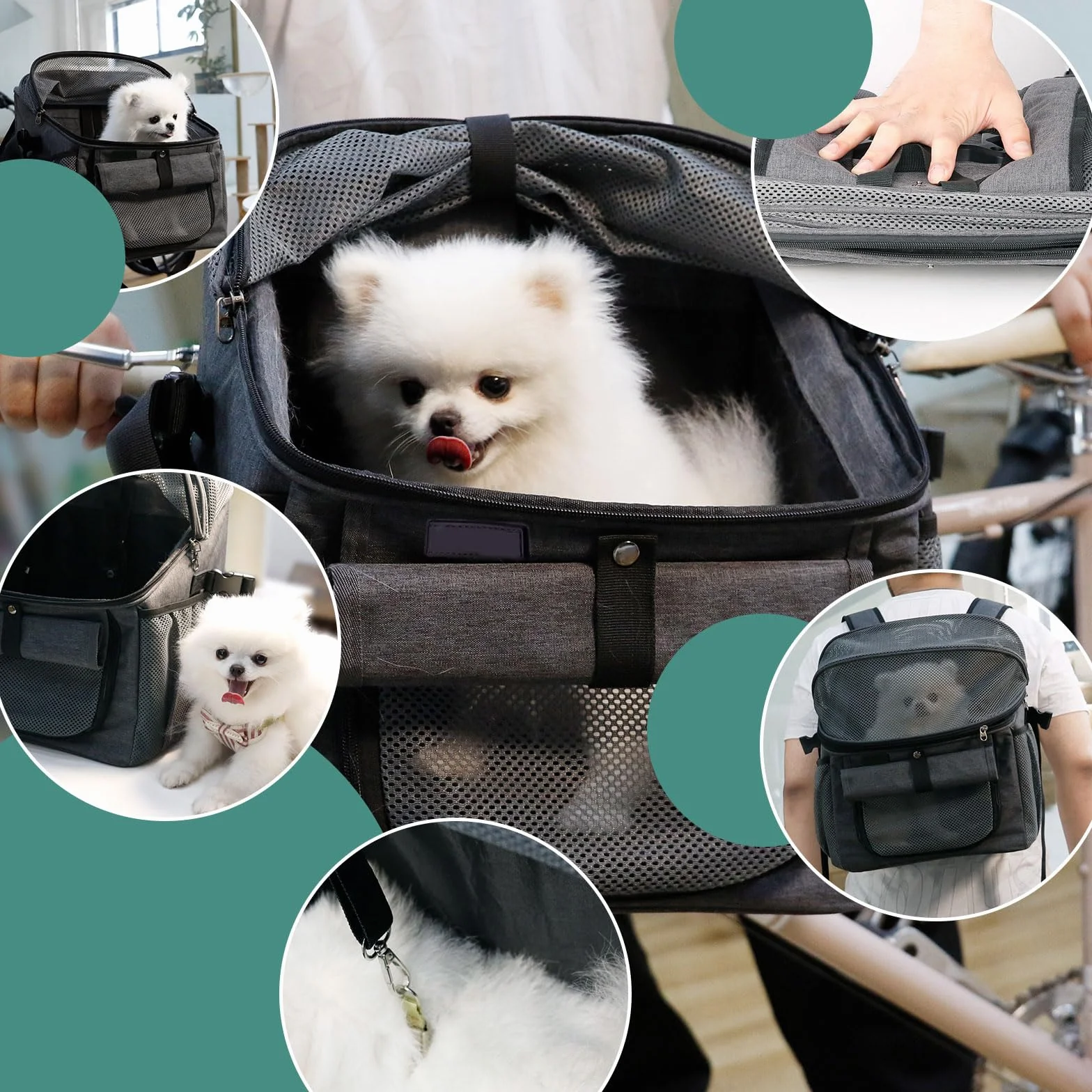 Cesta de bicicleta para perros, bolsa de bicicleta para mascotas con adaptador de manillar, desmontable, tejido de malla transpirable, correas ajustables, cesta plegable de bicicleta para mascotas