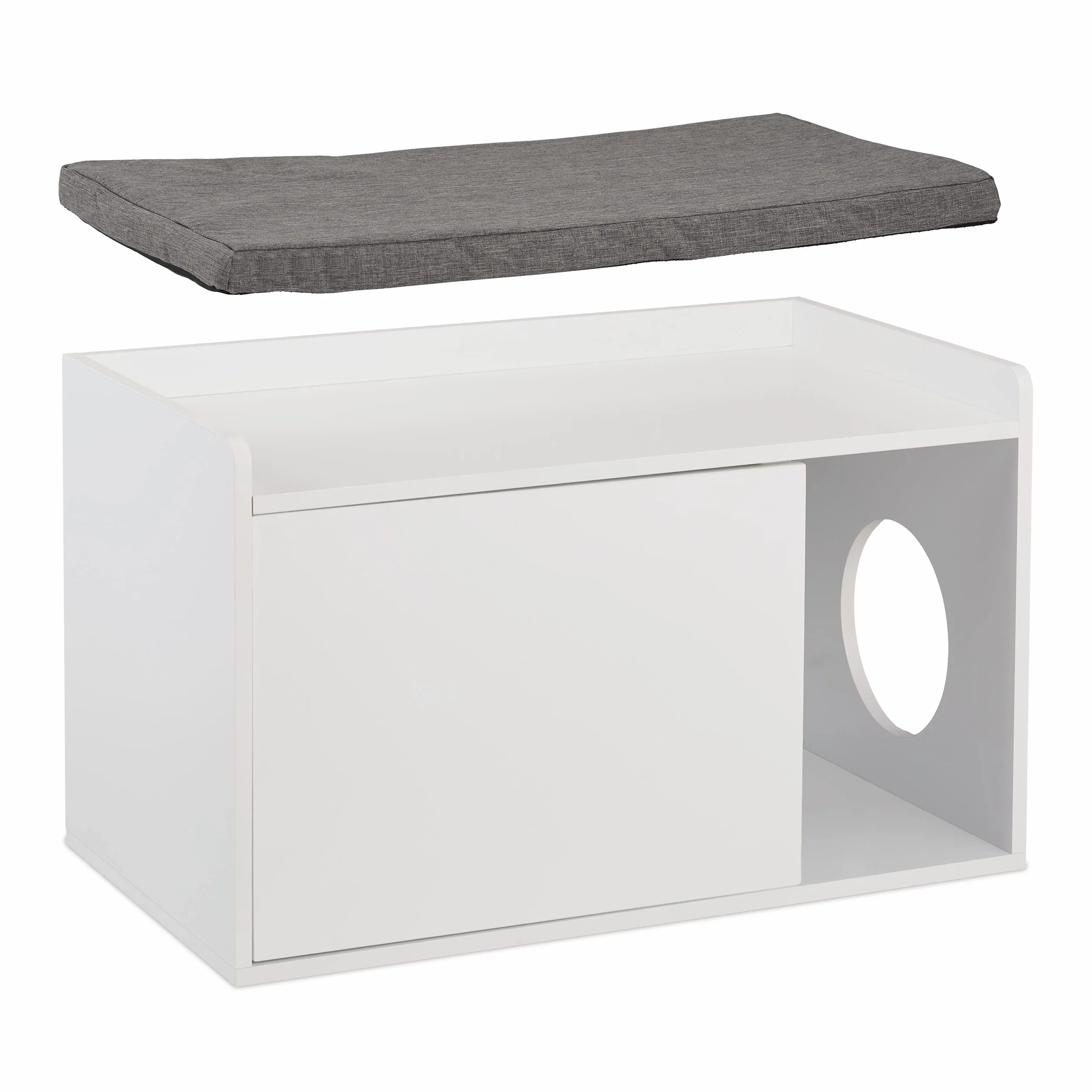 Relaxdays Mueble Arenero Gatos Asiento, 2 en 1, Cómoda Felinos con Banco, 45,5 x 75 x 43 cm, Baño Gatitos, Blanco y Gris