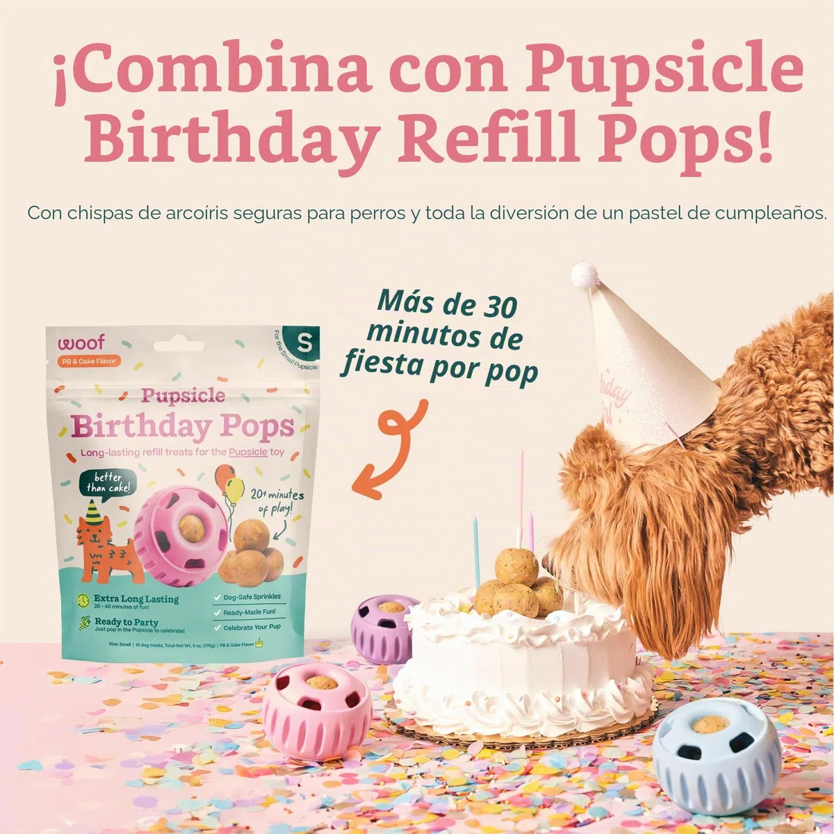 WOOF Party Pupsicle - Juguetes interactivos de larga duración para el aburrimiento - Diseño de bajo desorden - Regalos de cumpleaños para perros - Juguetes para perros grandes - Fiesta rosa