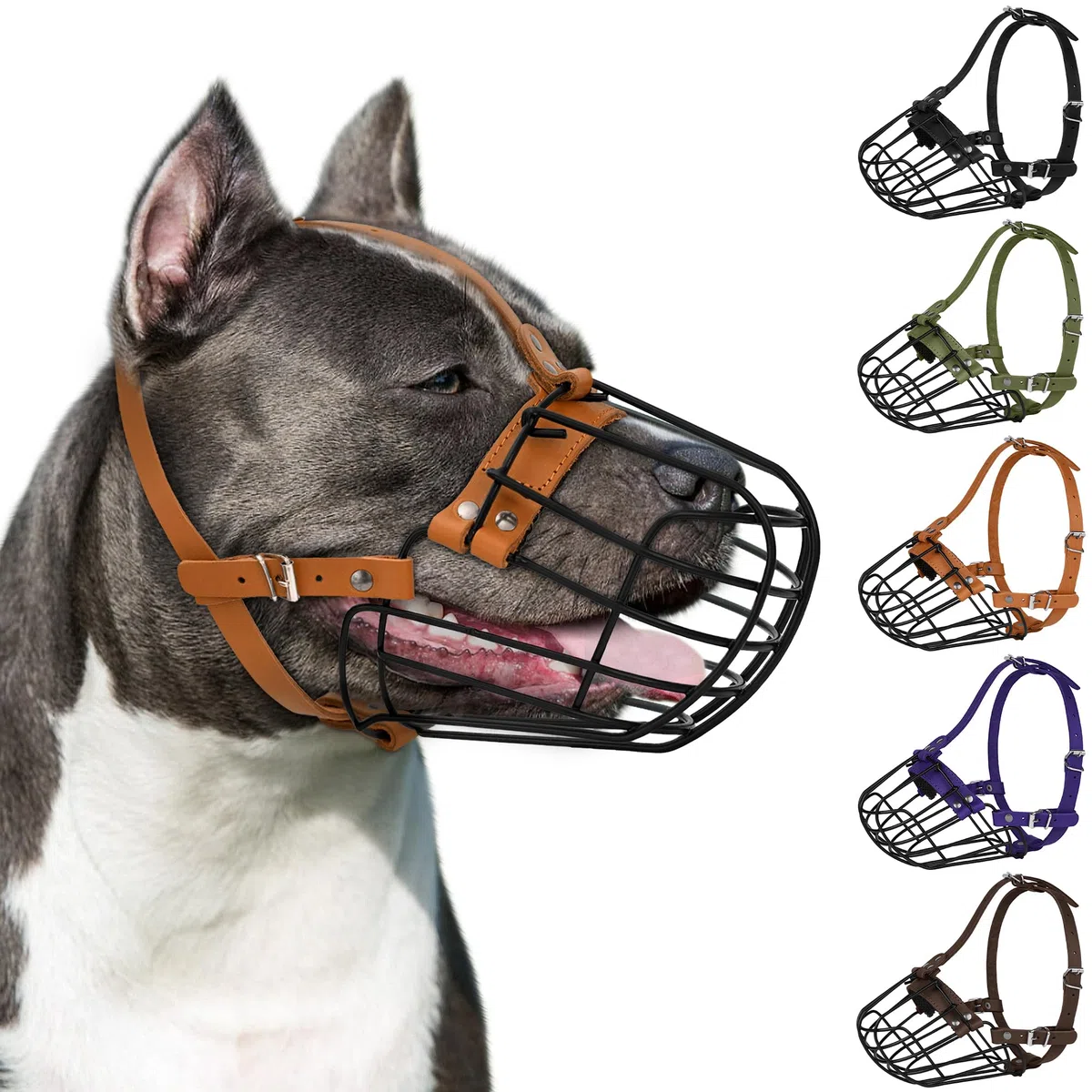 Pitbull - Bozal para perro, cesta de metal transpirable para perros grandes, máscara de alambre segura Amstaff Staffordshire Terrier, correas de cuero duraderas ajustables para morder, masticar