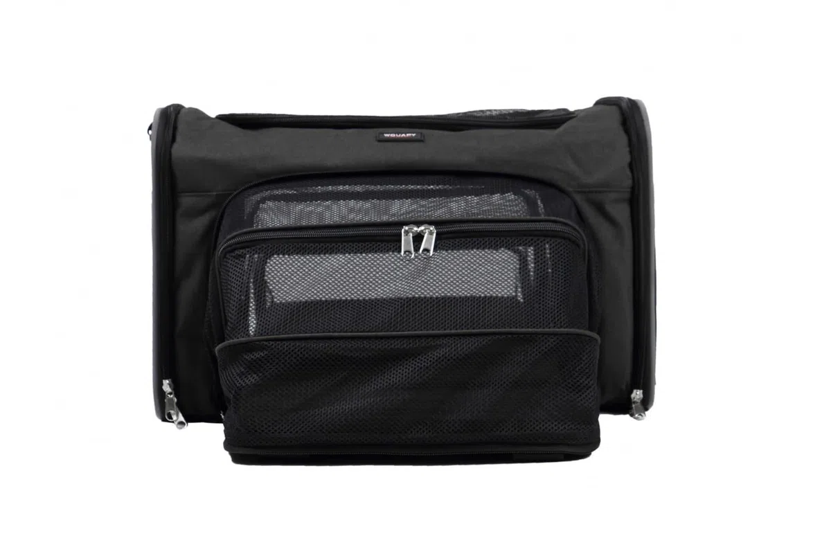 Wouapy Transportín Gatos, Perros para Viajes, Camping, Aventura (45X25cm, Negro). Bolsa de Transporte Transpirable Extendible para Mascotas Pequeñas Transportín Saco Suave Ventilado Cómodo (218628NOI)