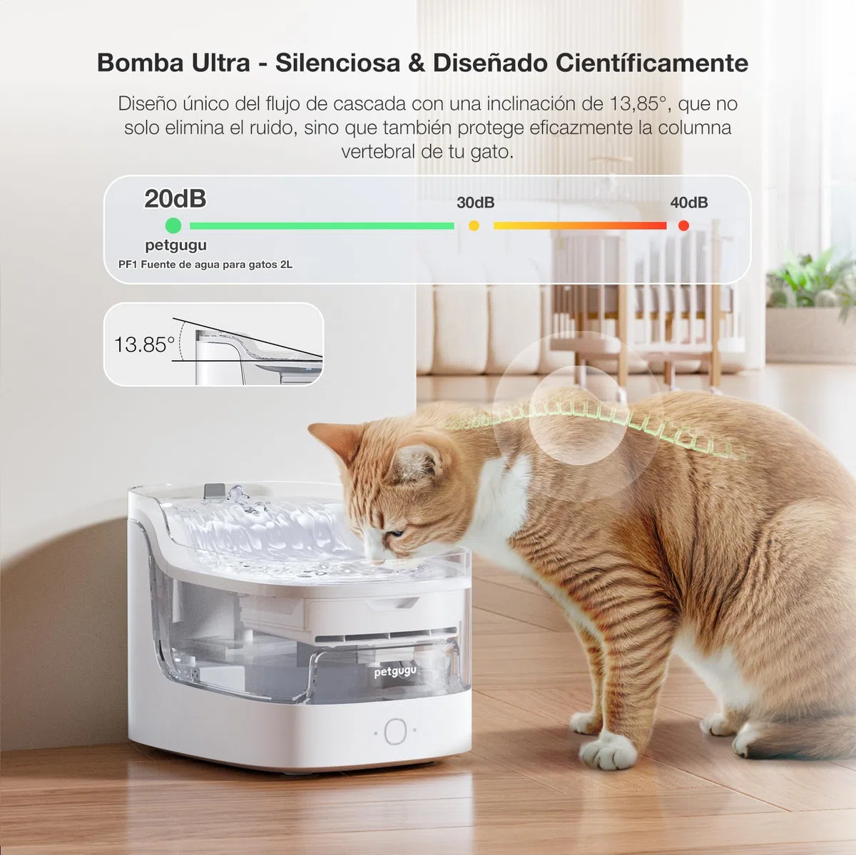 PETGUGU Fuente para Gatos Inteligente de 2L, Bebedero Gato Automático con Bomba Inalámbrica y Sensor, Filtro de 8 Capas, Fuente de Agua para Gatos Ultrasilenciosa con Conexión WiFi 2.4G