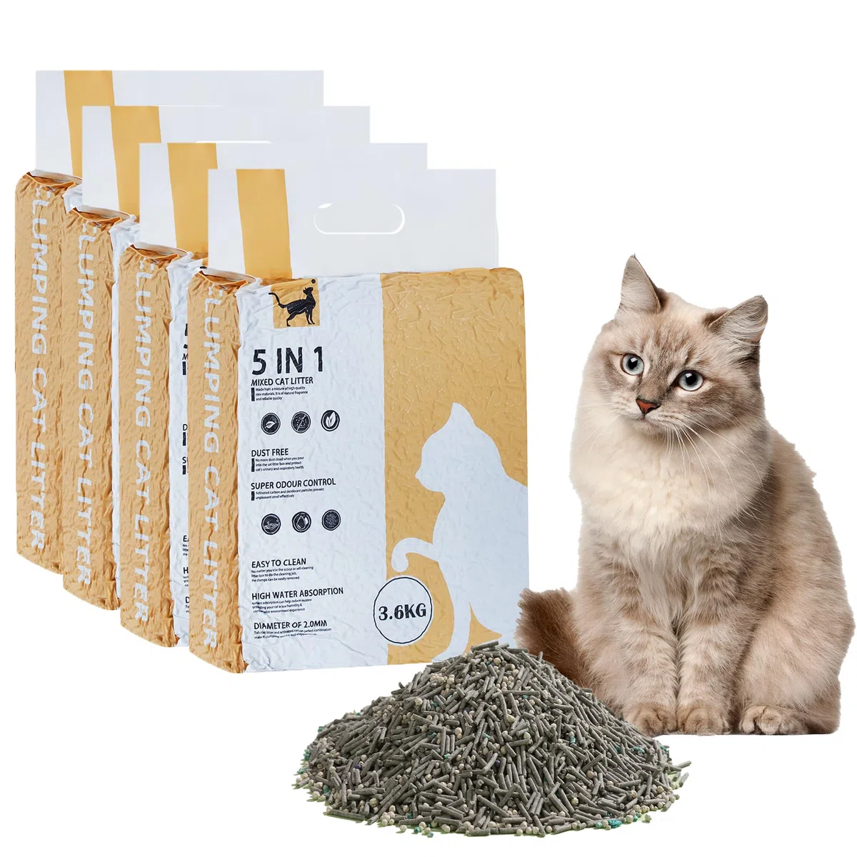 Suhaco Arena para gatos 5 en 1 mezclada, sin polvo, natural, desechable, sin olor, carbón activado, ultra absorbente y de secado rápido, 3,6 kg/paquete (paquete de 4)