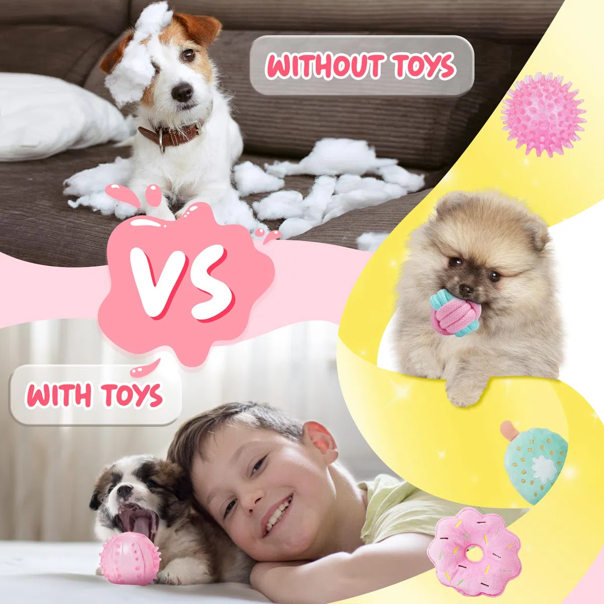 XIUGOAL Juguetes para Cachorros Rosados para aburrimiento, Paquete de 14 Juguetes masticables para Cachorros, Juguetes interactivos para Cachorros, Lindos Juguetes para Perros pequeños con Bola de