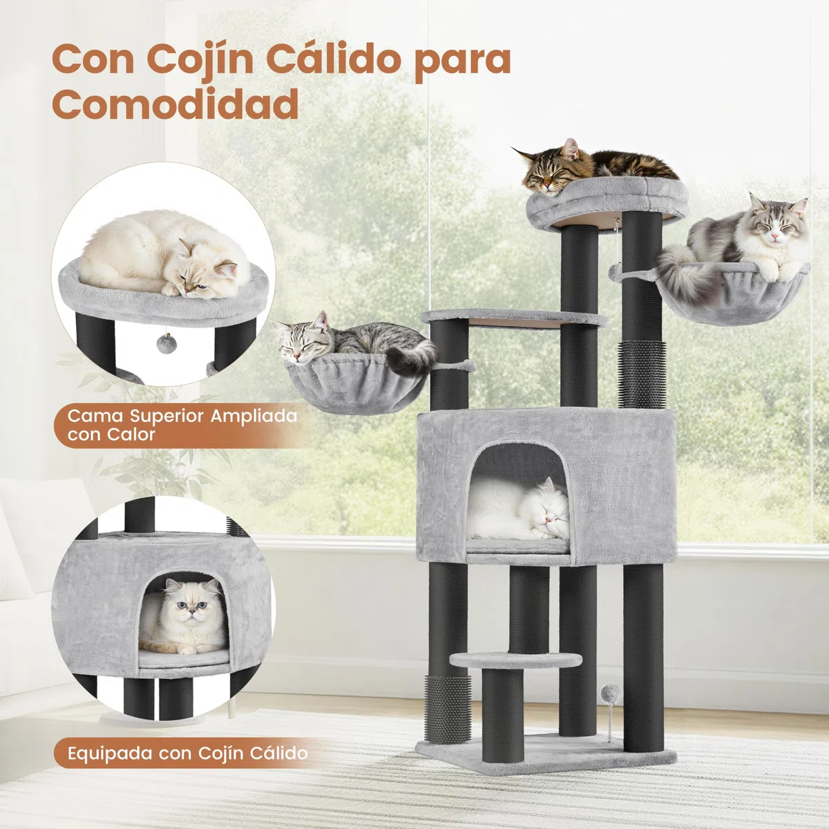 Árbol para Gatos Multinivel Torre Rascadora para Gatos con Postes Rascadores Gruesos 2 Cepillos Rodillos Percas Condominio Cestas Bola Colgante para Gatos Grandes Gris Claro/Negro