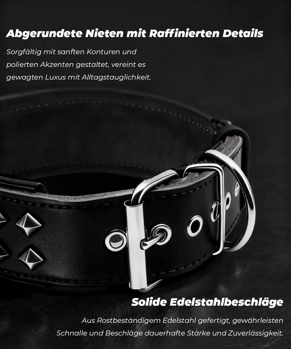 EliteGuard Collar de Perro de Cuero de 5,6 cm de ancho, hecho a mano con remaches y hebilla de acero inoxidable, para uso diario en perros grandes, color negro, 57,5-67,5 cm