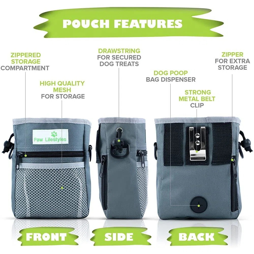 Bolsa De Entrenamiento De Golosinas para Perros - Lleva Fácilmente Juguetes para Mascotas, Croquetas, Golosinas - Dispensador De Bolsas De Caca Incorporado - 3 Formas De Usar - Gris