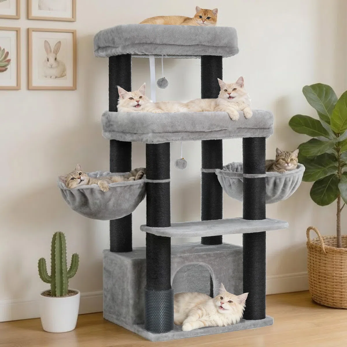 Hey-brother Rascador para Gatos, Poste de Sisal 8 cm Grosor, Cueva, MPJ02G | 130cm Árbol Rascador Para Gatos, con 2 Plataforma, 2 Cesta, Cepillo para Mascotas, para Gato de Interior, Gris Claro
