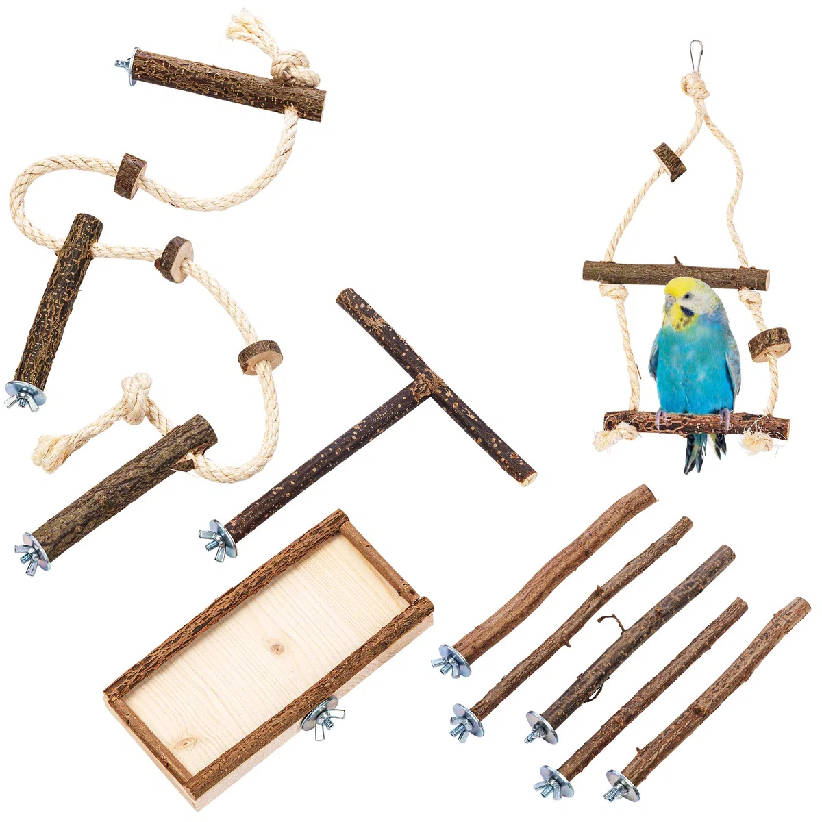 Juego de Jaula básica de 10 Piezas con Perchas Naturales Columpio de pájaro, Asiento, Barra de sedimentación y Percha de Cuerda Jaula para Budgerigar, Cockatiel | Accesorios para Jaula de pájaros