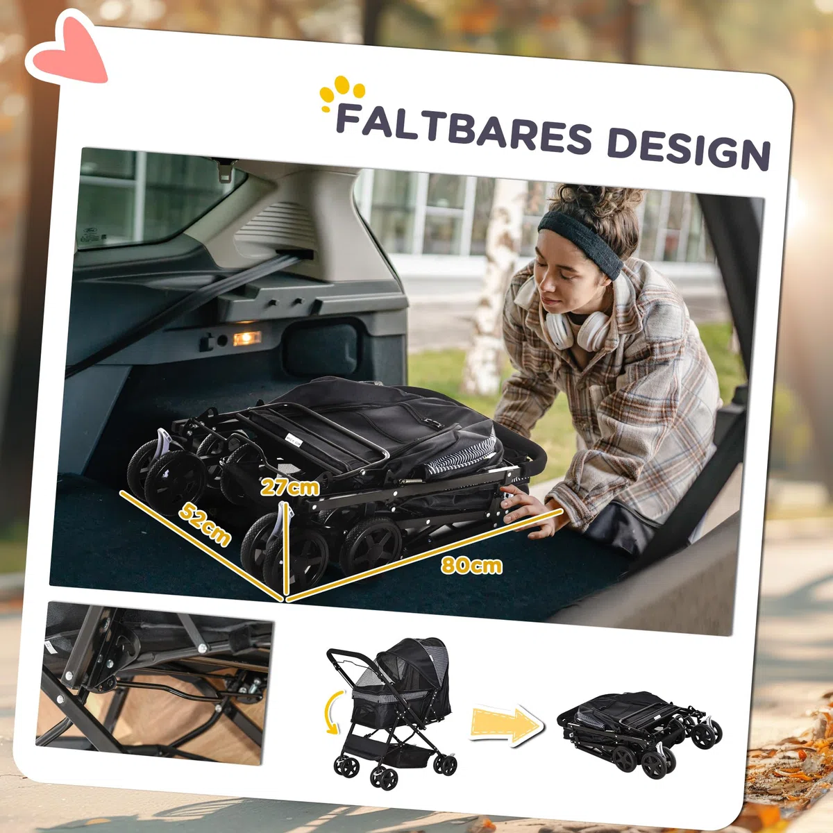 PawHut Cochecito para perros y gatos pequeños, color negro, 76,5 x 52 x 95 cm | Carrito para perros, carrito para mascotas, carrito para mascotas, carrito para gatos, Oxford