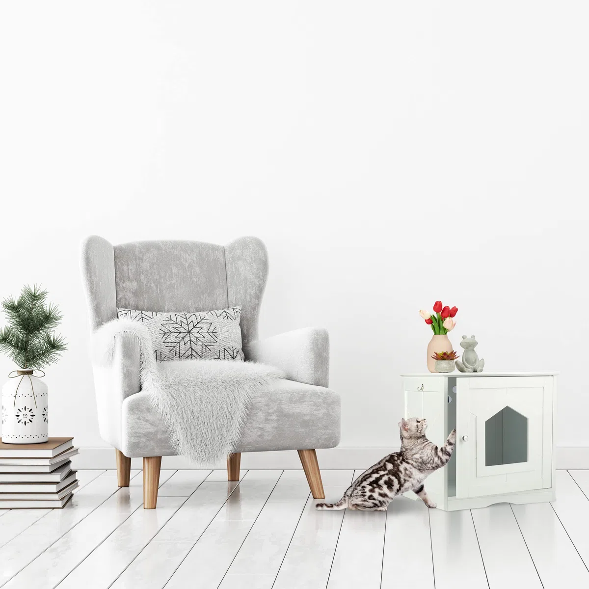 Relaxdays Mueble Arenero Gatos Entrada Grande, Puerta Magnética, Agujeros de Ventilación, 52x48x53cm, Gancho, Blanco