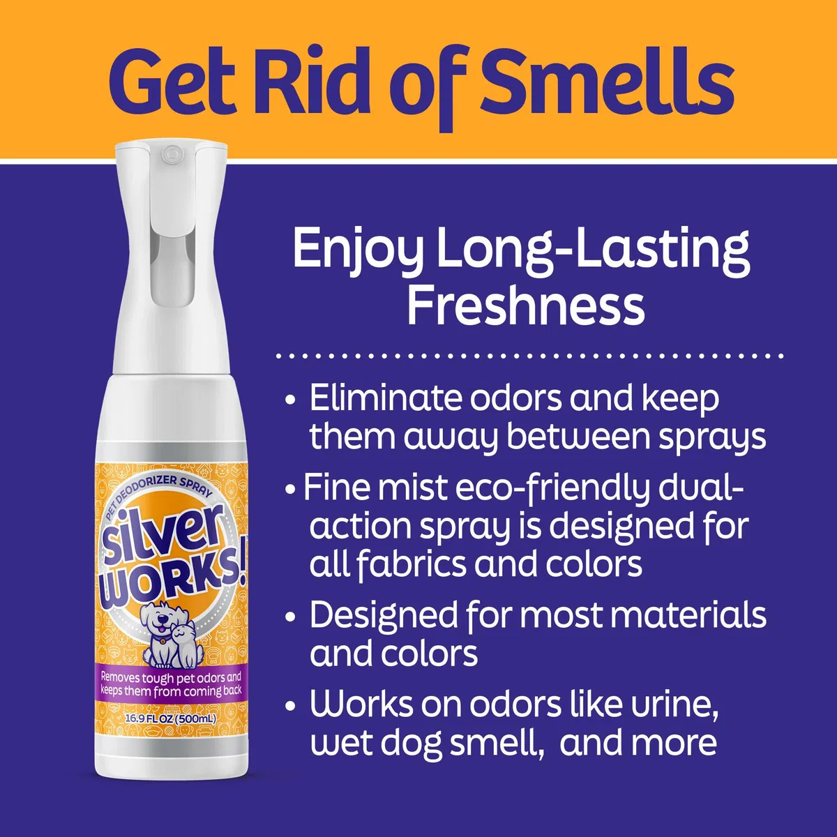 SilverWorks! Desodorante en aerosol de tela, eliminador de olores, utiliza tecnología de iones de plata para eliminar olores y eliminar olores del hogar y mascotas
