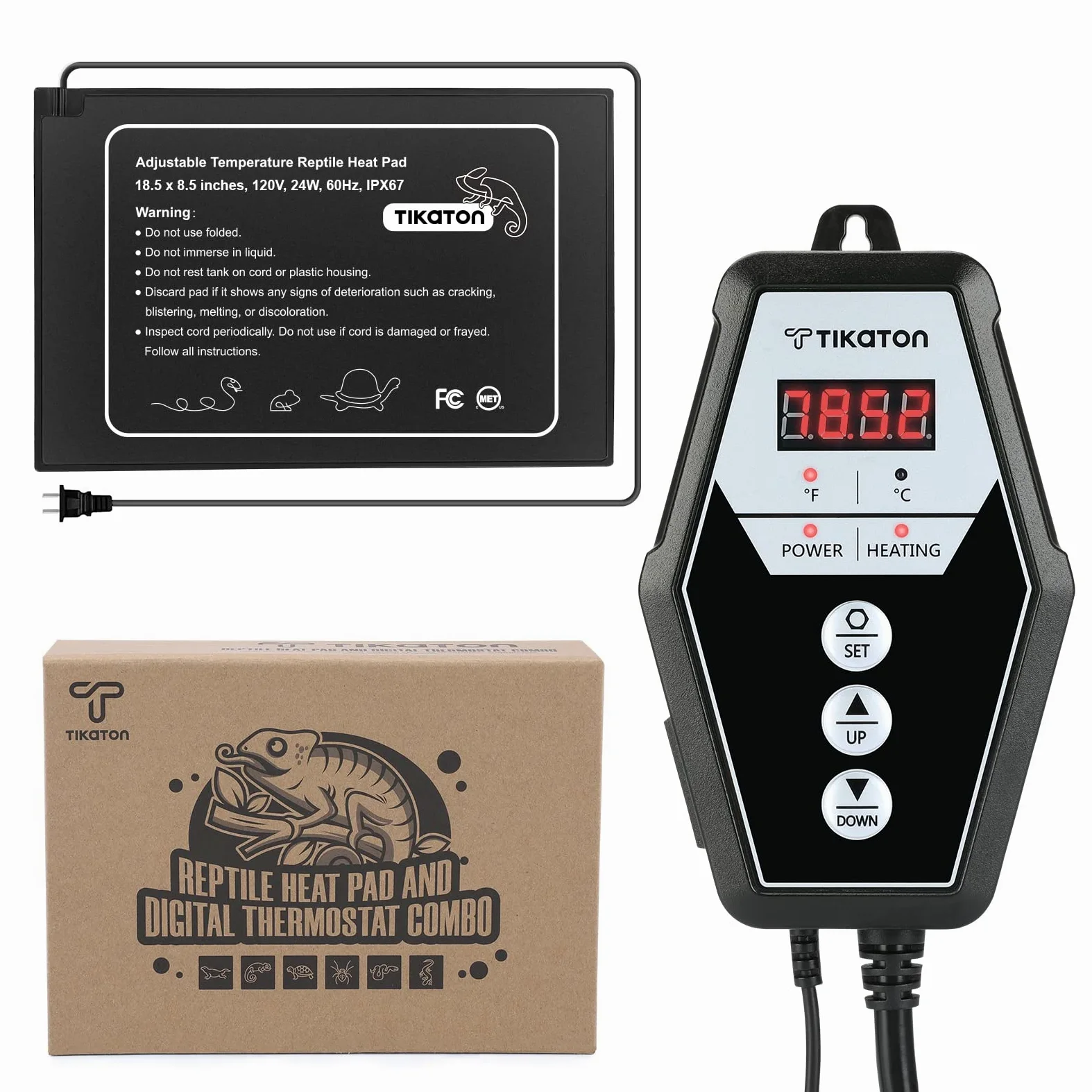 Tikaton Juego Combinado De Almohadilla De Calefacción Para Reptiles Y Termostato Digital, Calentador Debajo Del Tanque Para Tanque De 10-20 Gal/30-40 Gal, Alfombrilla De Calor Para Terrario Para Tortu
