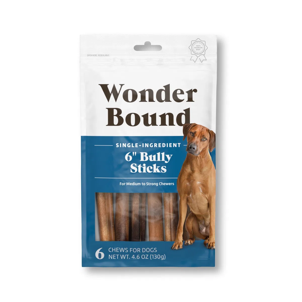 Marca Amazon – Wonder Bound Bully Stick – Juego de 6 palitos de Res Naturales de Alta digestión y Larga duración, 15,24 cm