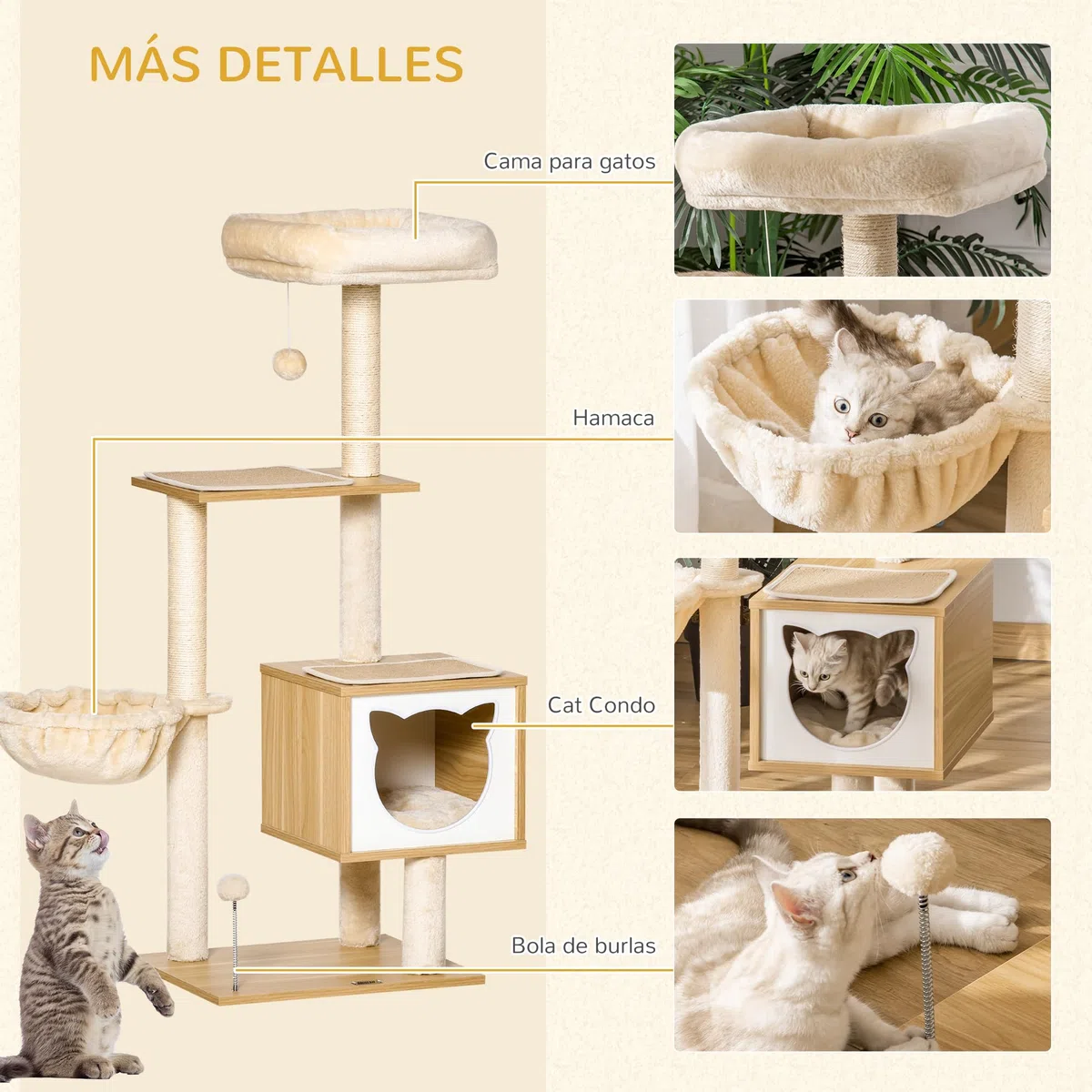 PawHut Árbol Rascador para Gatos 126 cm con Plataformas Hamaca Cueva Beige | Árbol para Gatos, Torre Escalador, Cama, Postes de Sisal, Bolas, Cojines Lavables