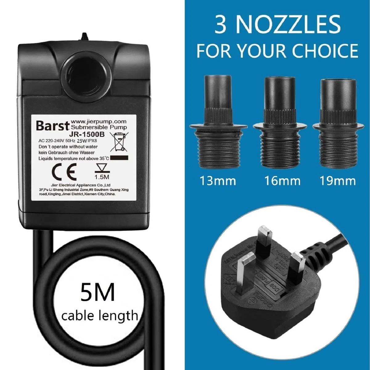 BARST Bomba de agua sumergible de 1500 l/h, bomba de acuario ultra silenciosa para fuentes, piscina, pecera, estanque, hidroponía, estatua con 4 ventosas Srtong, 3 boquillas (30 W, cable de