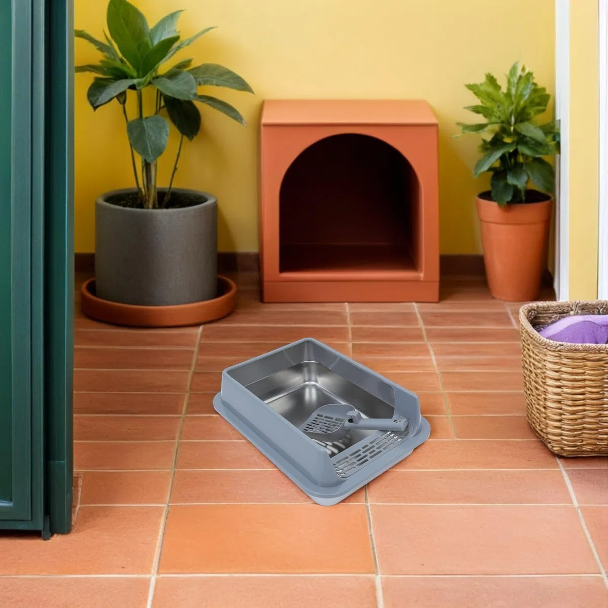 DOITOOL Bandeja de Arena para Gatos de Acero Inoxidable Mediana con Tapa Metálica Gris Caja Cerrada Antiadherente para Uso Doméstico Interior y Exterior Accesorios Gatos Caja de Arena