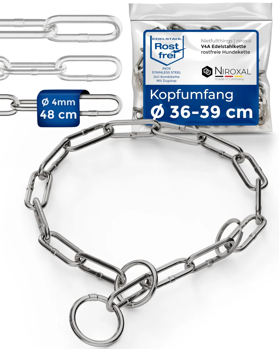 Cadena para Perro de Acero Inoxidable con mosquetón Fijo – Eslabones Largos – 4 mm x 48 cm