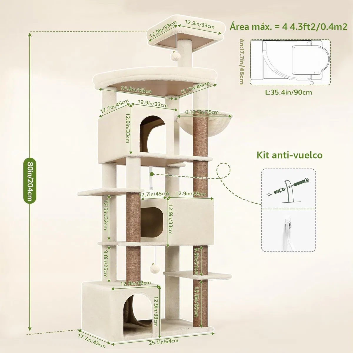 Globlazer Árbol Rascador para Gatos Beige XXL 203 cm Alto con 3 Grande Nidos 45*30*30CM, Extragrande Plataforma, Cesta, Juguetes, Estable Rascador para 4-6 Gatos Adultos Jugar Interior (S80, Beige)