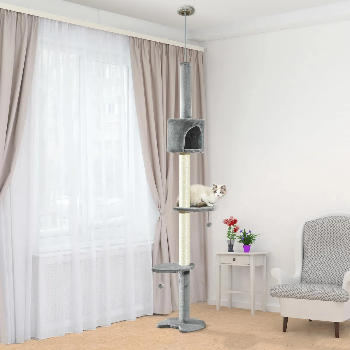 PawHut Árbol Rascador para Gatos para Techo con Cueva 255 cm Gris Claro