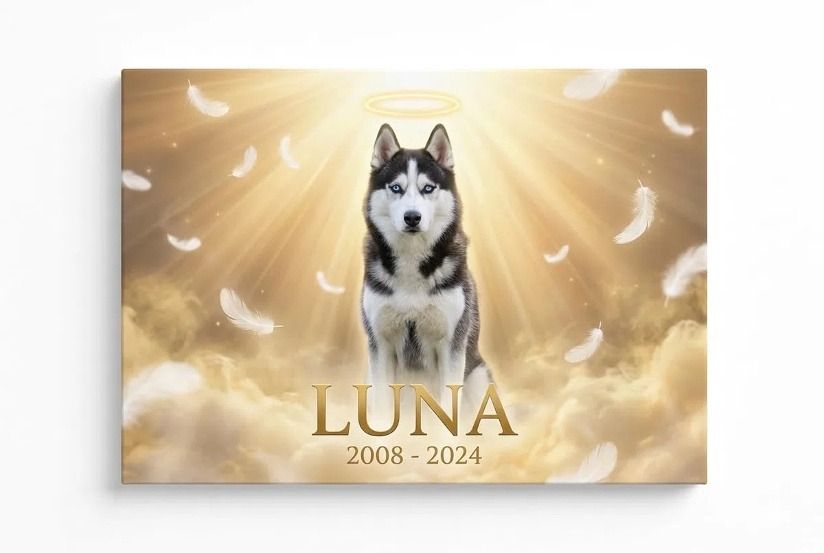 BKCREATIONS Lienzo memorial personalizado mascota Luz Celestial - Perro gato recuerdo - Regalo condolencias marco madera (40 x 30 cm)