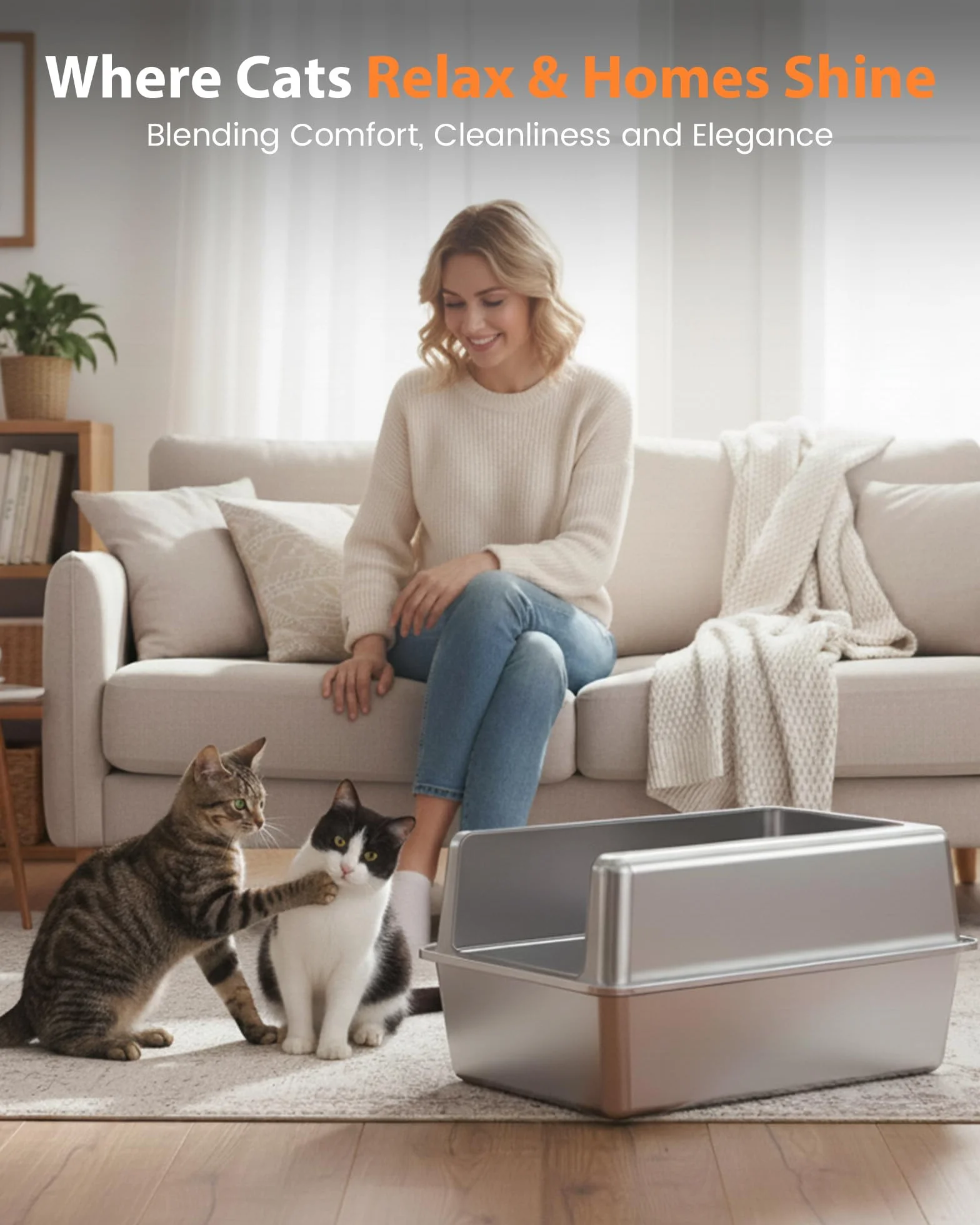 Arenero Gato Acero Inoxidable, Caja de Areneros para Gatos Grandes XXL, Arenero Todo Metálico para Gatos, WC Gatos con Bordes Altos Desmontables, Antiadherente, Sin Olores y Fácil de Limpiar
