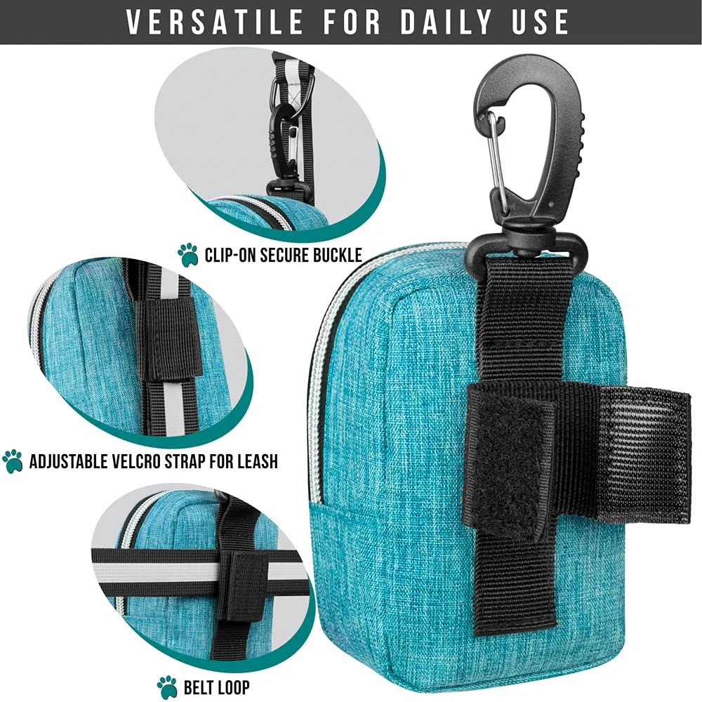 PetAmi Soporte para bolsas de excrementos de perro, dispensador de bolsas de basura para perros con clip para correa y cinturón, soporte portátil de tela para bolsas de basura para perros, para