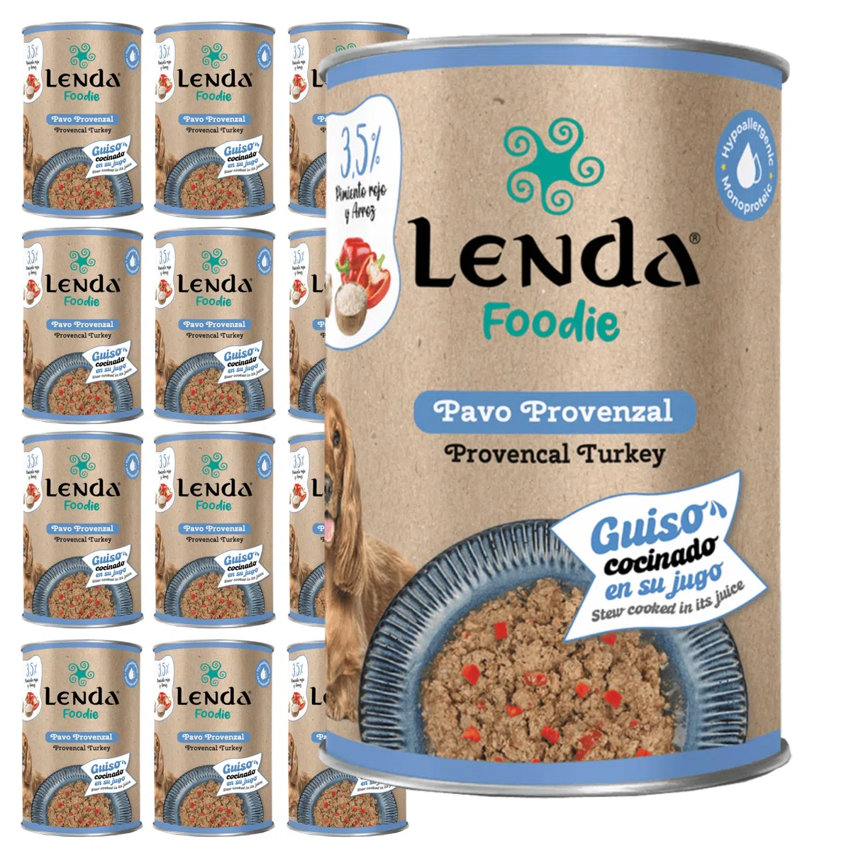 Lenda Foodie - 12 x 380gr Comida Humeda Perros Premium - Pavo Provenzal - para Adultos Jovenes y Senior - Comida Natural Hipoalergenica con Aceite de Salmon - Sin Conservantes ni Aditivos