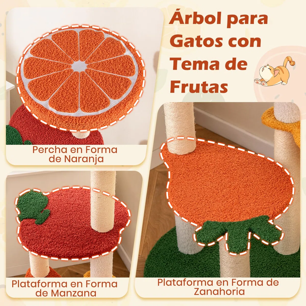 GOPLUS Árbol para Gato de Múltiples Niveles, Centro de Actividad con Plataformas en Forma de Frutas, Percha Acolchada, Postes para Rascar de Sisal, Cesta Giratoria, Mueble Torre Interior para Gatos