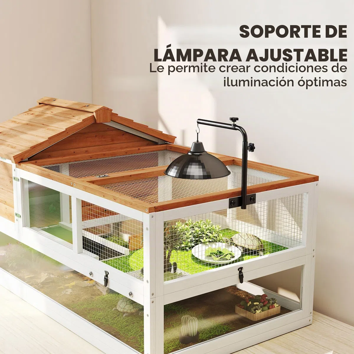 PawHut Casa para tortugas de madera con dos casas principales, soporte para lámparas, jaula de reptiles para exteriores, terrario para tortugas, reptiles, 116 x 70,5 x 69,5 cm, naranja