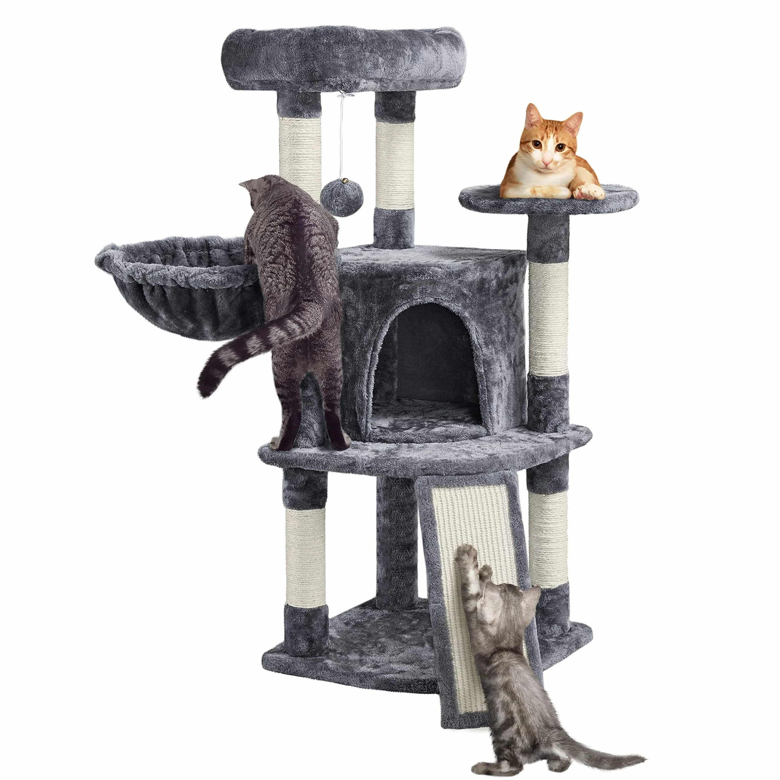 Yaheetech Árbol Rascador para Gatos Grandes 106 cm Altura con Espaciosas Cueva para Gato de Casa Torre para Mascato Grande Gris Oscuro | Rampa de sisal, Correa antivuelco, postes cuerda de sisal, Bola colgante sustituible, Condominio grande, cesta acogedo