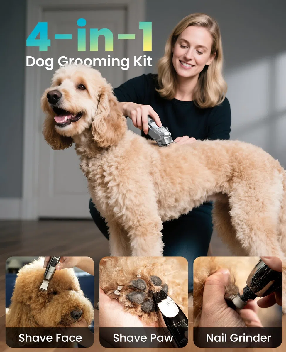 oneisall Cortaúñas para perros para el aseo de pelos gruesos, kit de aseo de perros de bajo ruido, impermeable, 3 velocidades, molinillo de uñas inalámbrico para mascotas, recortador de patas de perro