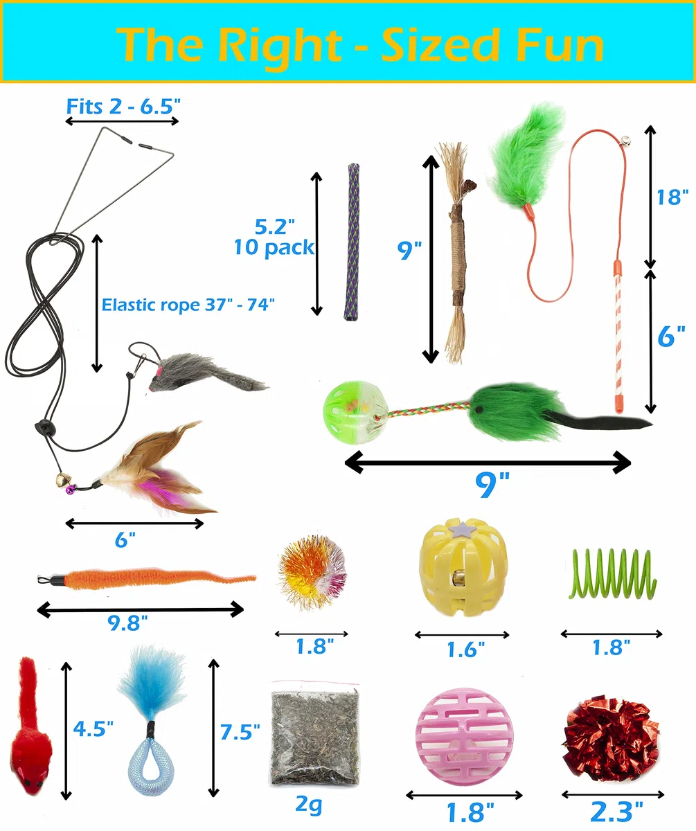 Fashion's Talk Juguetes para gatos, 50 piezas para gatos de interior, ratones interactivos para colgar en la puerta, juguete de plumas para gatos, juguete de resorte, varita para gatos, bolas
