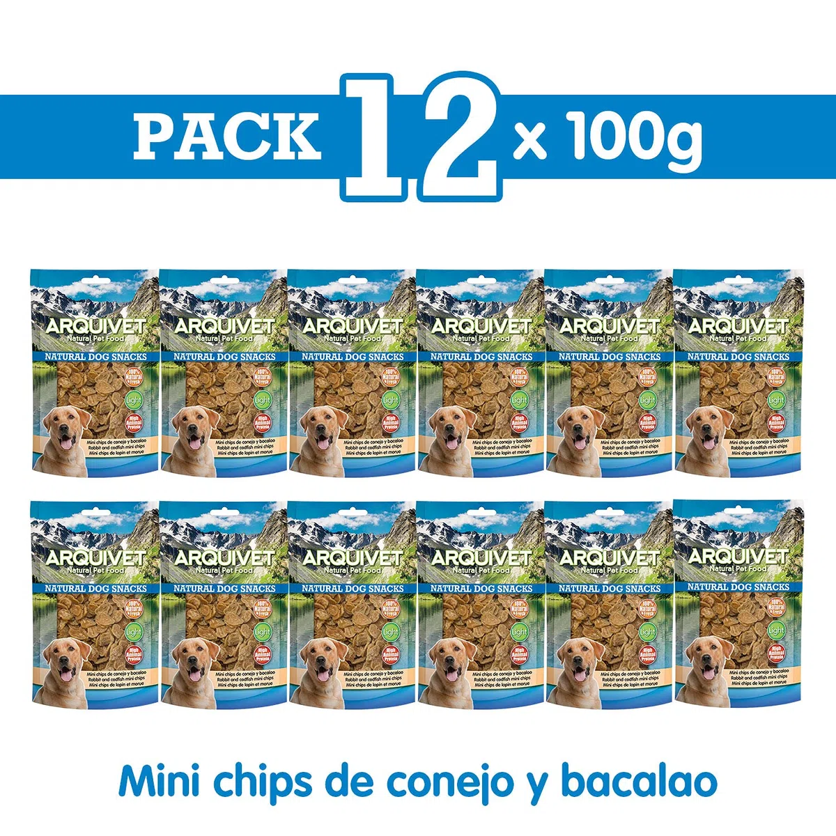 Arquivet Pack 12 Unidades Snack Chips de Conejo y Bacalao 100 gr - Natural Dog Snacks - 100% Natural - Chuches, premios, golosinas para Perros - Producto Light - Muy Rico en nutrientes