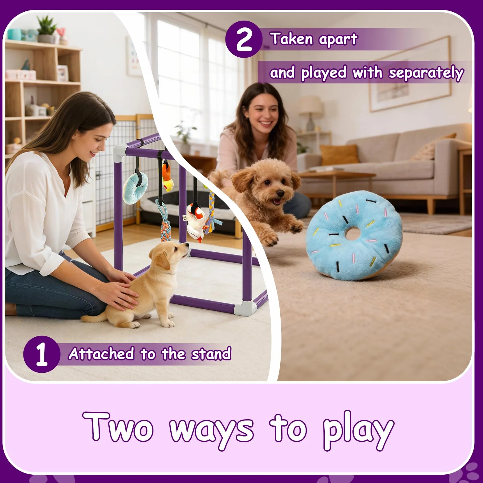 Estudio de juegos para cachorros con 8 juguetes colgantes, marco de PVC morado, centro de actividades para perros pequeños, estudio de juegos para cachorros para perros pequeños, paraíso con