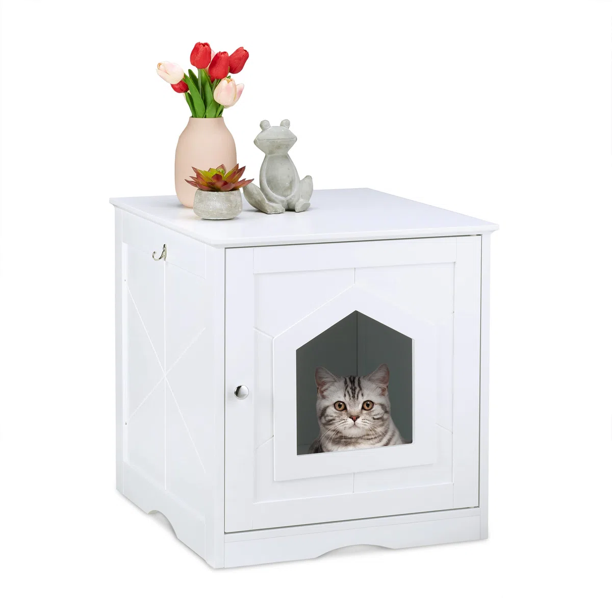 Relaxdays Mueble Arenero Gatos Entrada Grande, Puerta Magnética, Agujeros de Ventilación, 52x48x53cm, Gancho, Blanco