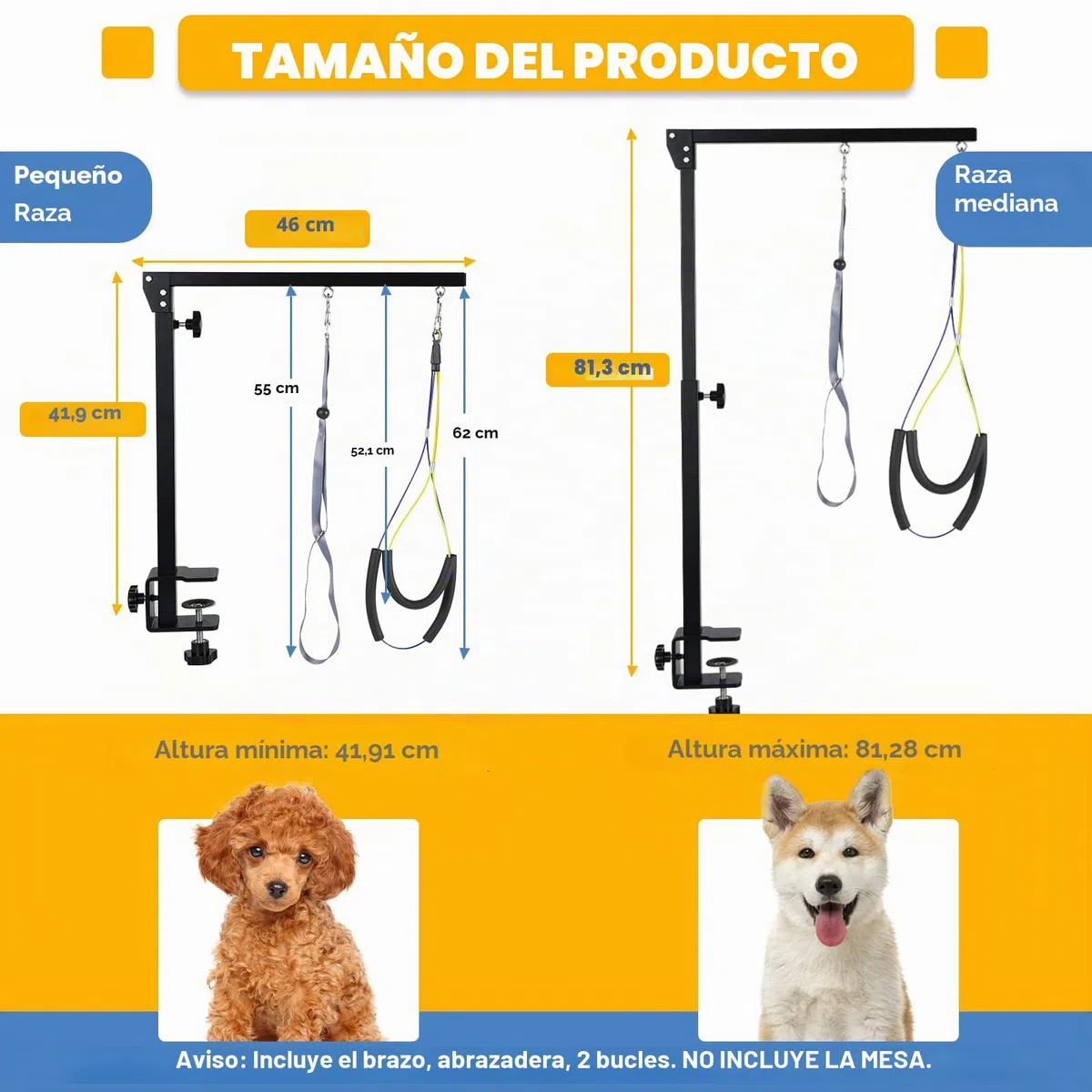 Brazo de aseo de mascotas para mesa, ajustable, antideslizante, portátil, perros y gatos pequeños y medianos, fuerte abrazadera metálica, 1 correa de sujeción y 2 cuerdas para evitar que se sienten