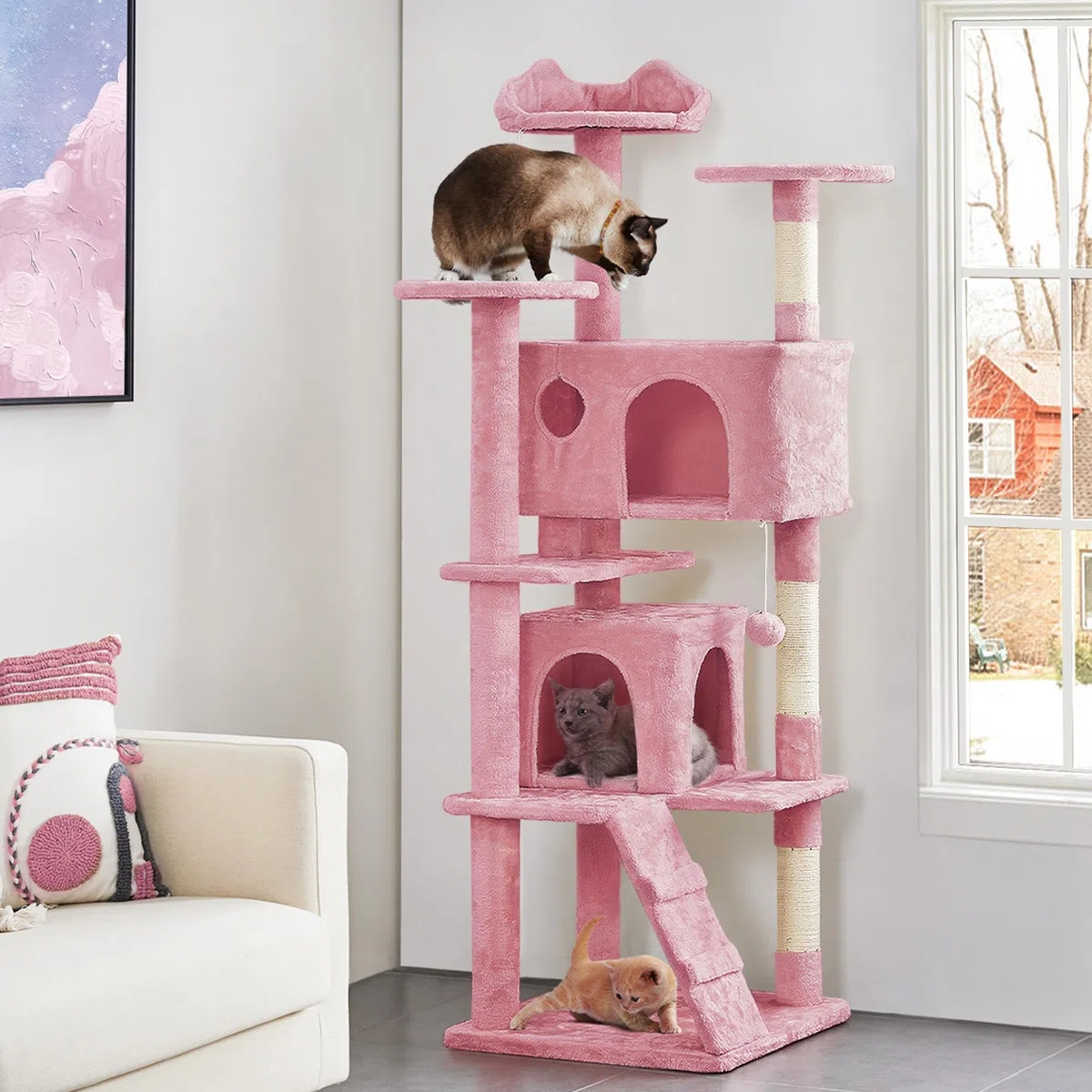 Yaheetech Árbol rascador Grande, 178 cm de Alto, árbol rascador para Gatos, Estable con 3 Plataformas, 3 columnas para rascar, 2 Cuevas, Bolas de Peluche, Muebles para Gatos, Color Rosa