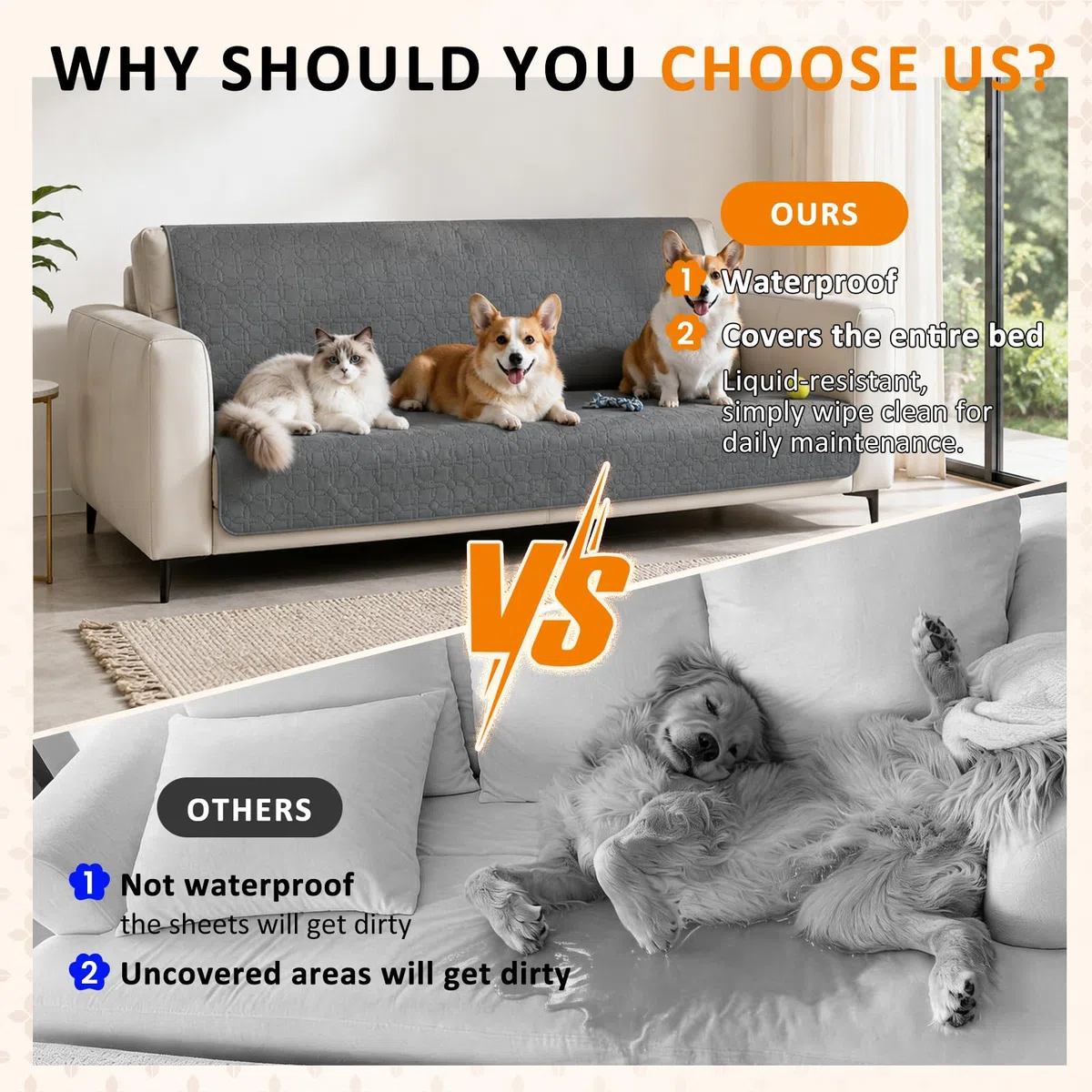 Manta impermeable para perros, 208 × 208 cm, manta para perros para sofás y camas, lavable a máquina, impermeable y antideslizante, suave, duradera y cálida, color gris