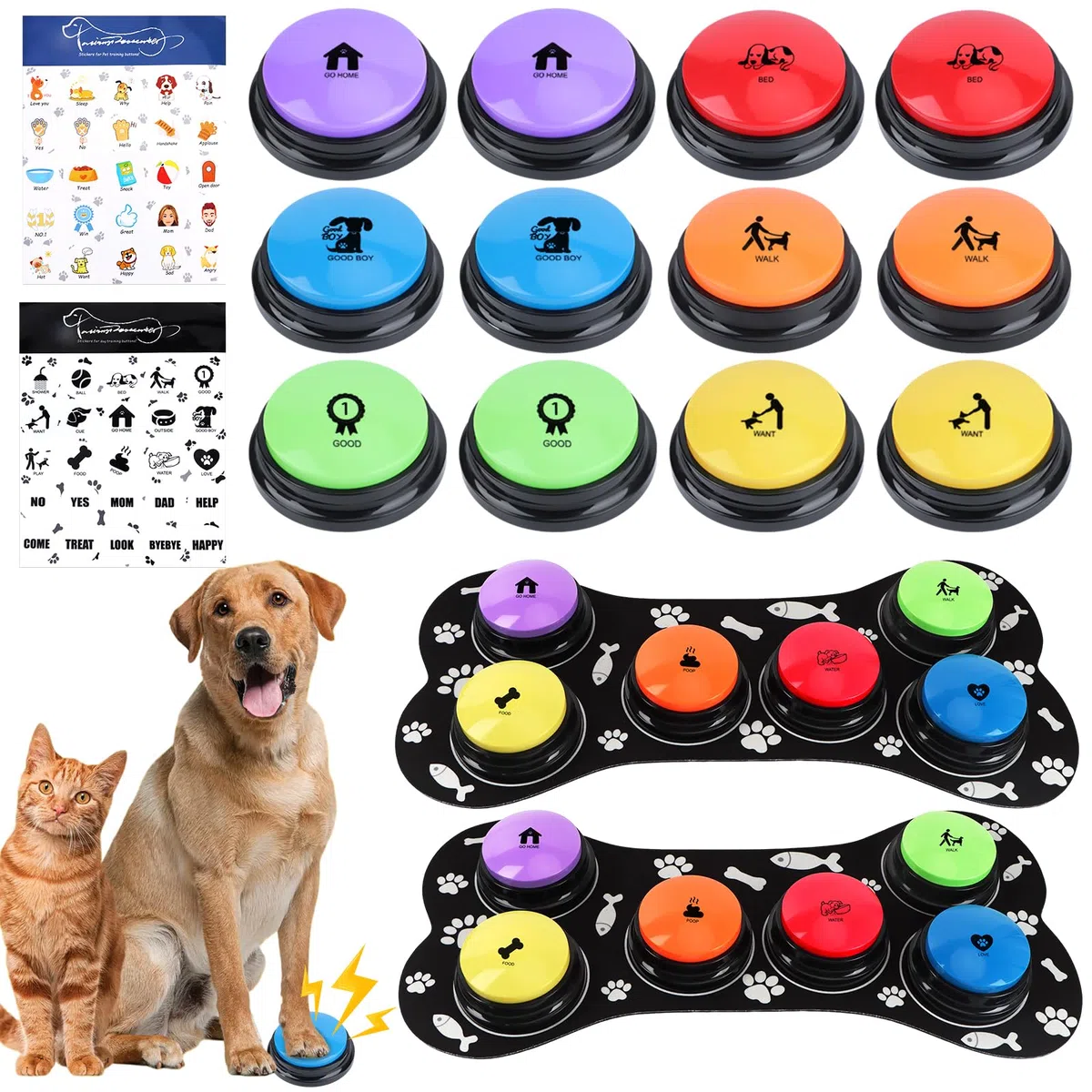 Botones de conversación para perros para comunicación, botones de voz grabables de 30 segundos con base antideslizante, zumbadores de entrenamiento de mascotas para perros y gatos, baterías no