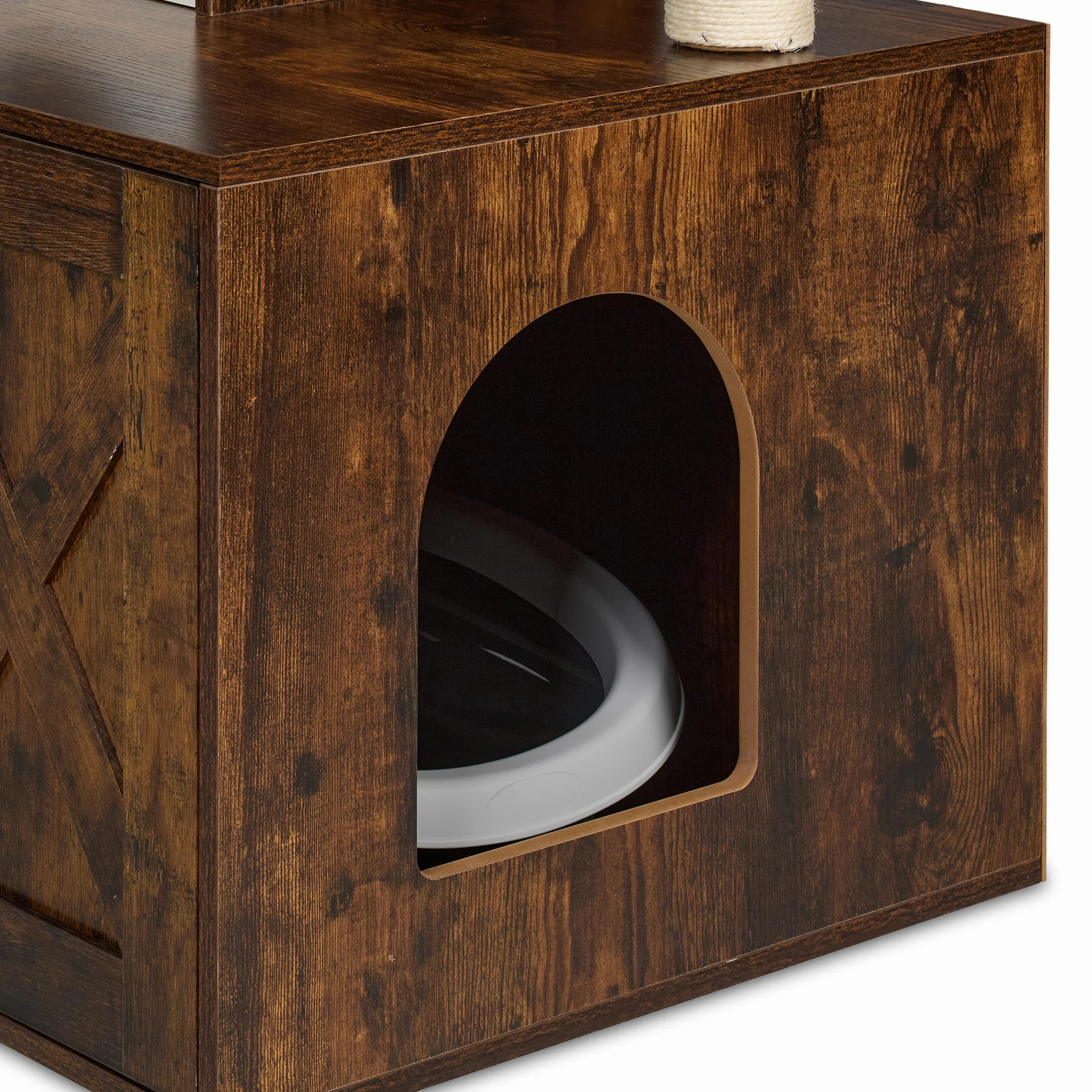 Relaxdays Mueble para Gatos con Rascador y Armario para Arenero, 128x95x52 cm, Torre con Poste de Sisal, Marrón y Blanco