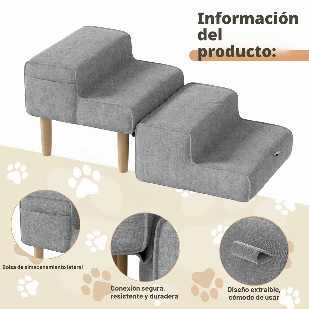 Escalera para Perros de 4 Peldaños, 2 en 1 Rampa para Perros Plegable, Escalera Perro Antideslizante – Escalones o Taburetes, para Sofá y Cama, Cachorros Pequeños y Grandes, Gris