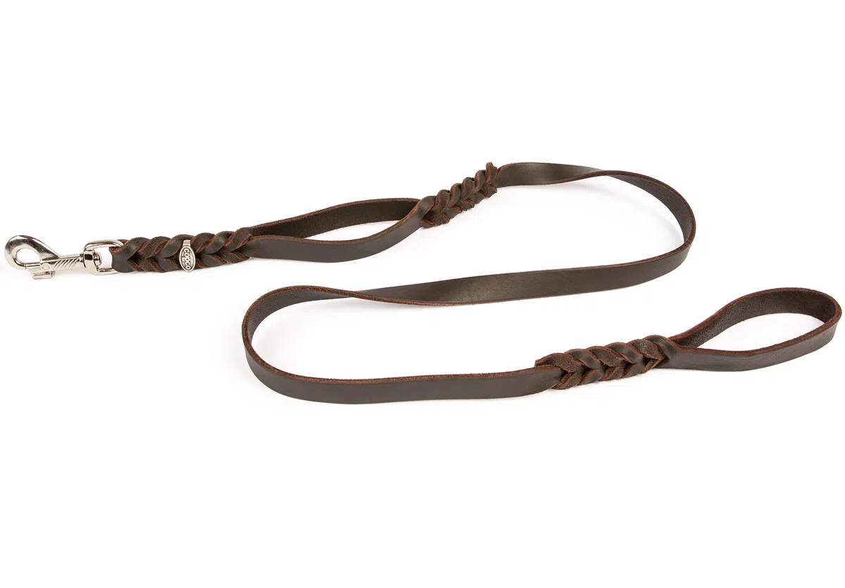 Correa de piel para perros, Correas Perros con 2 asas y ganchos de acero inoxidable.