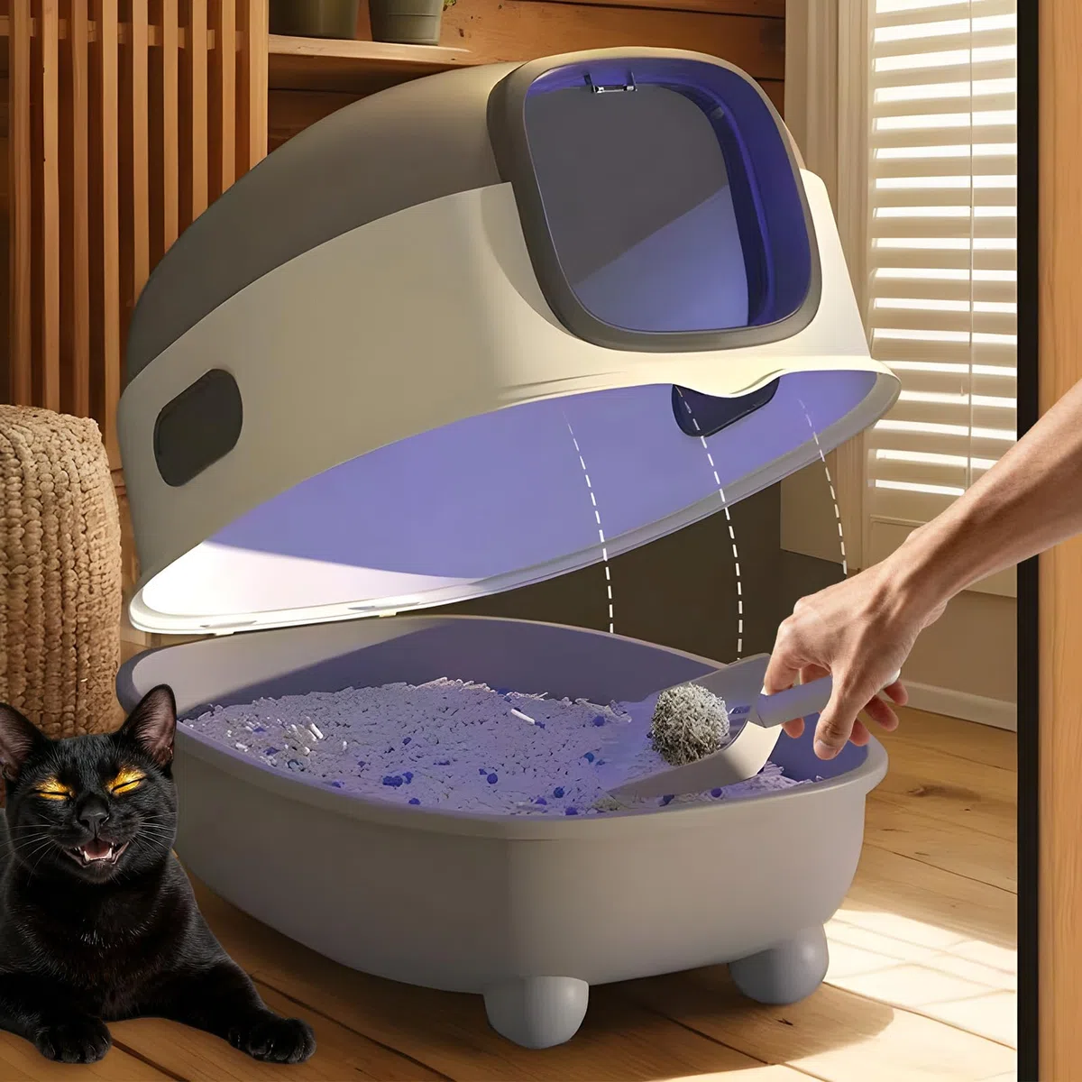 Arenero Autolimpiable Con Luz De Esterilización UV - PP Cerrado Gran Capacidad 56x39x40cm | Diseño Cubierto Para Varios Gatos Higiene Seguridad Reforzada Incluye Pala Limpia