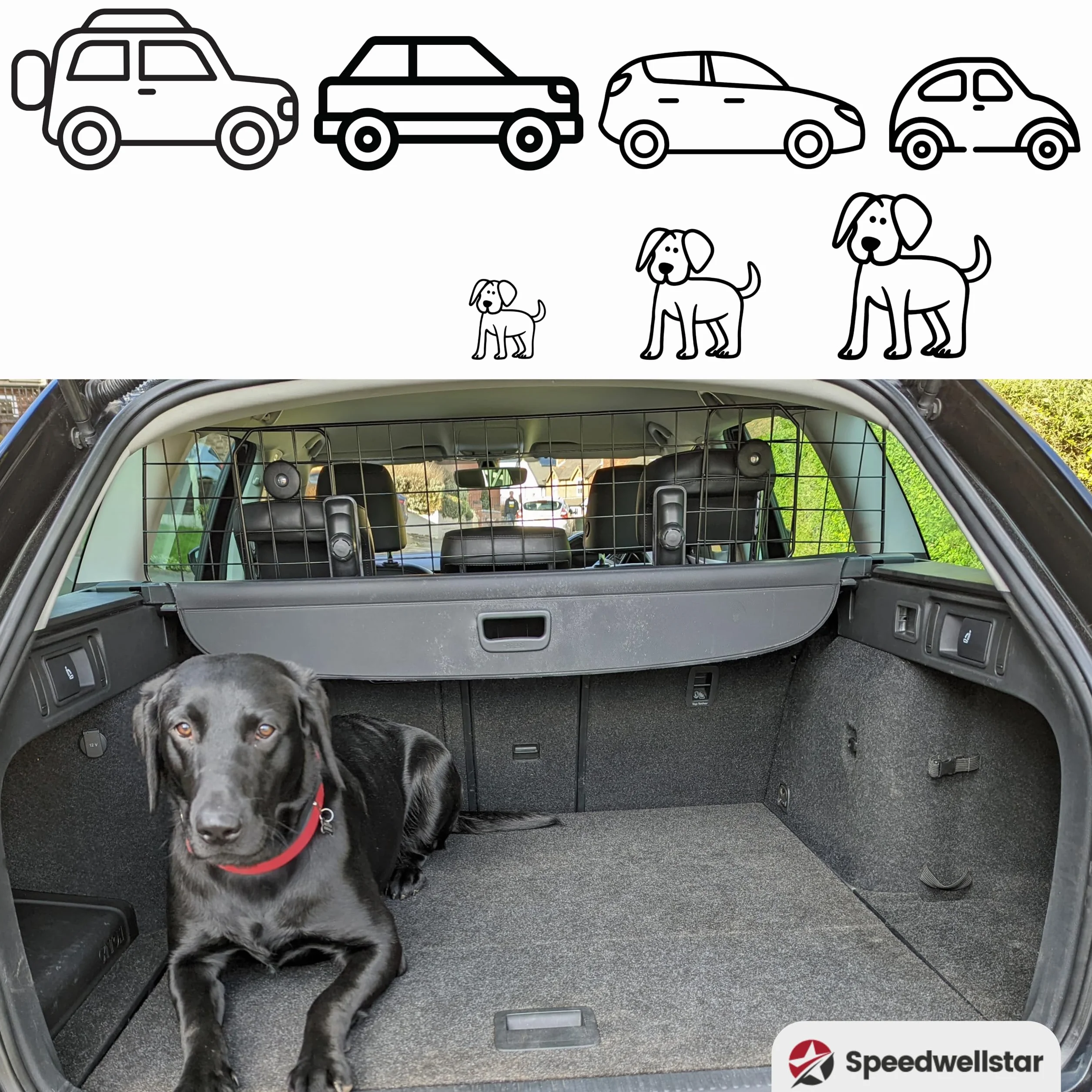 Speedwellstar Rejilla Separadora para Perro Maletero Coche Universal Ajustable – Barrera Mesh Metálica con Fijación al Reposacabezas